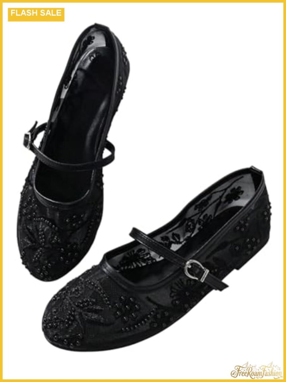Studded Mesh Ballet Flats Floral Round Toe Slip On Shoes
